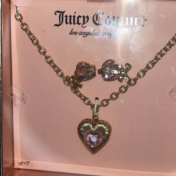 New Juicy Couture Pink Charm Necklace & Earrings, Heart Set Gold Tone Stud Boxed - Picture 2 of 6